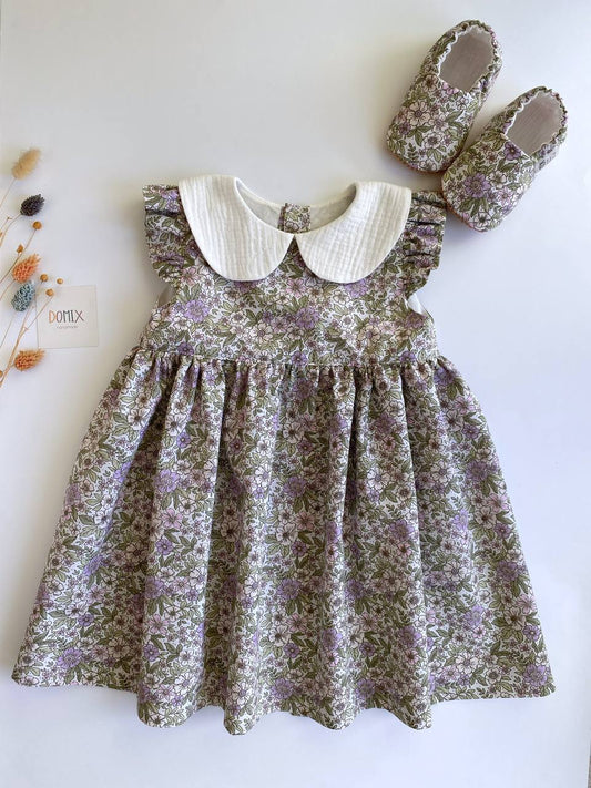 Cotton Floral Baby Dress with Muslin Collar (slippers is not included)