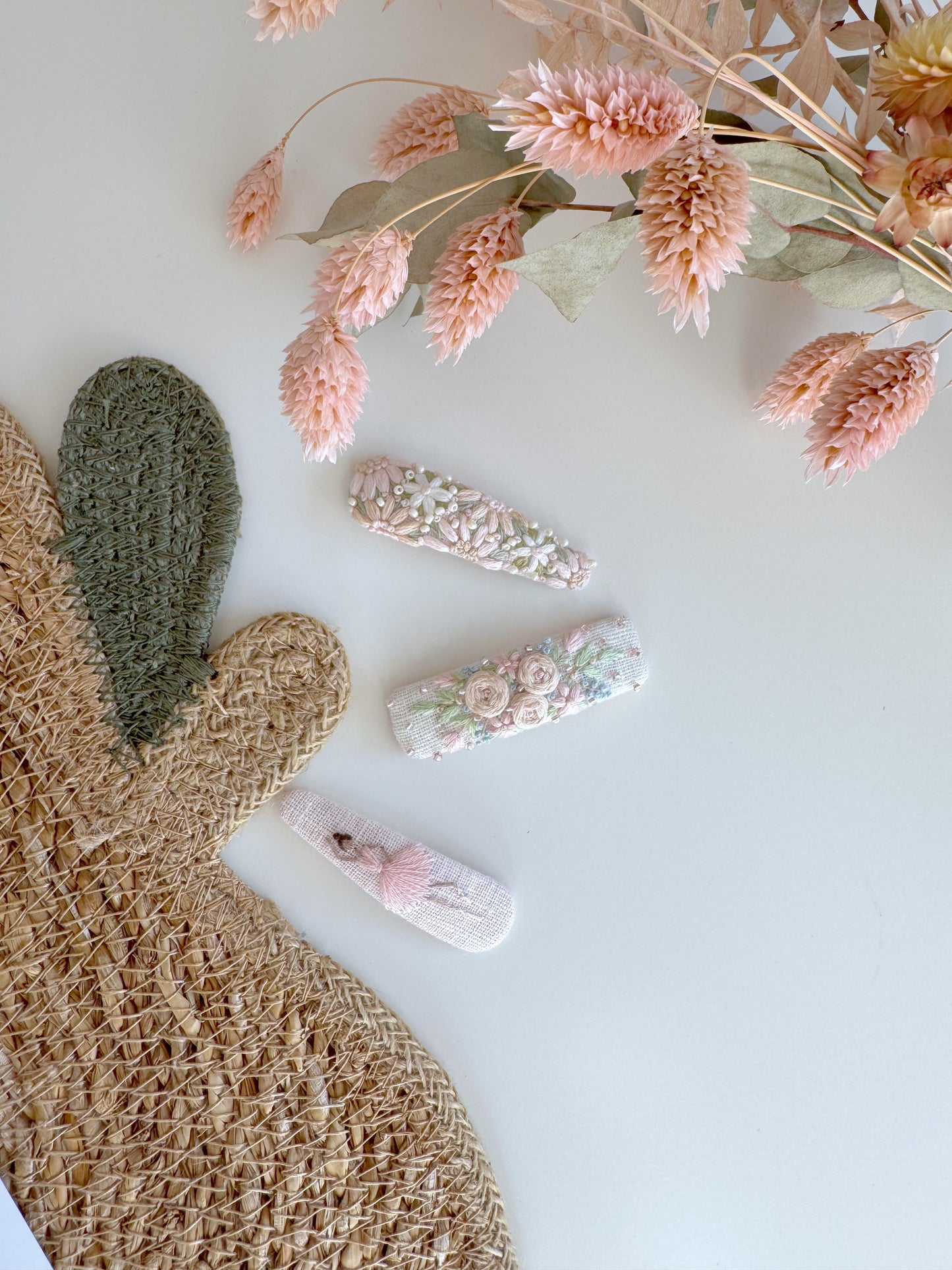 Pinces à cheveux en lin faites main – Ensemble exclusif brodé de 3