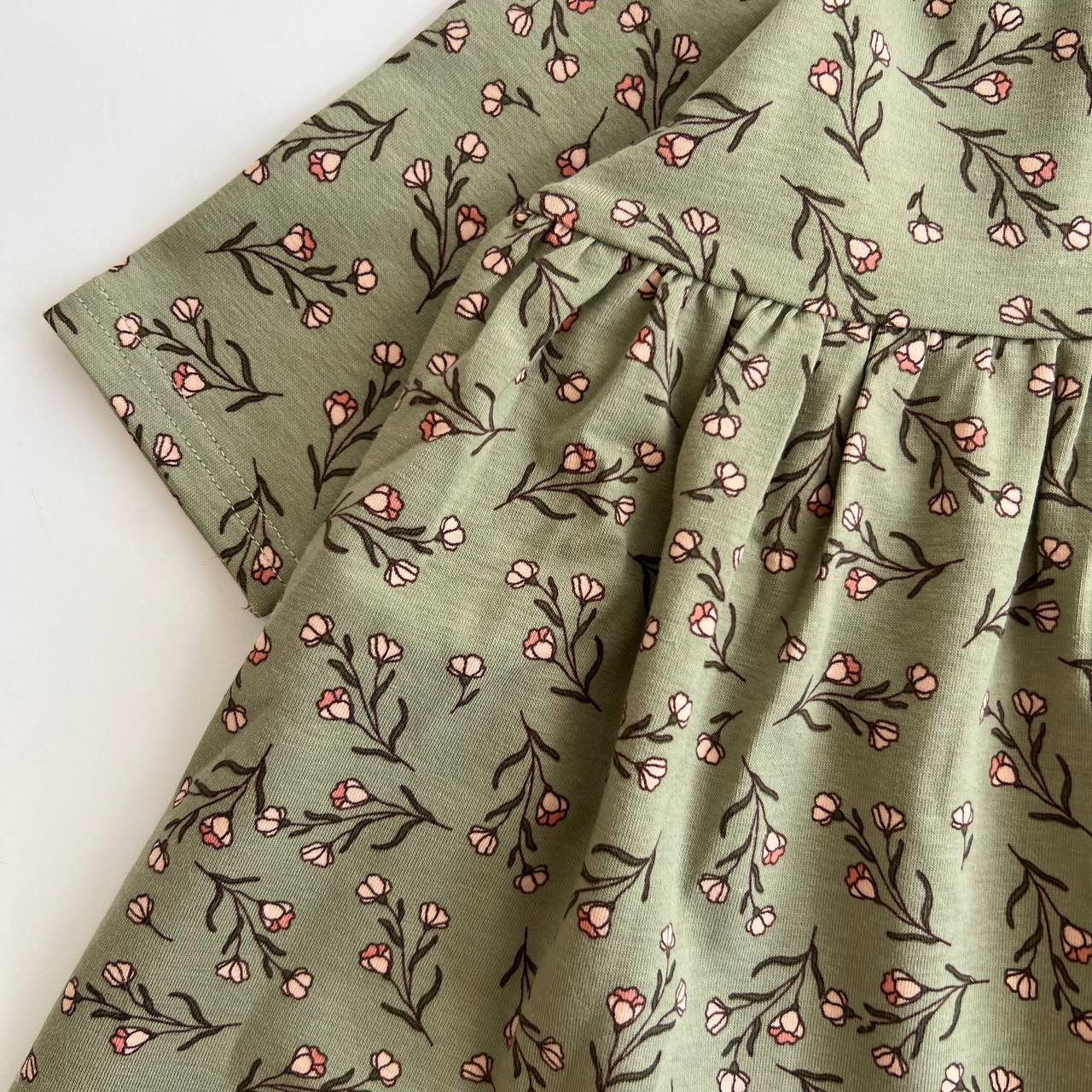Handmade Baby Girl Dress – Olive Green with Floral Print