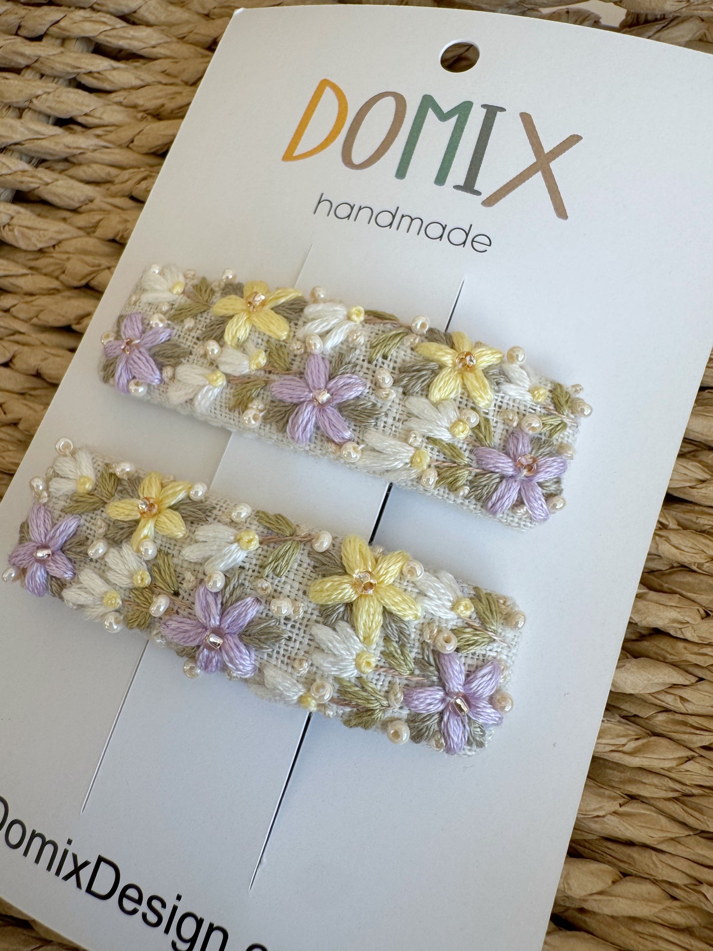 Pinces à cheveux en lin brodé avec perles – Lot de 2 faites main pour filles