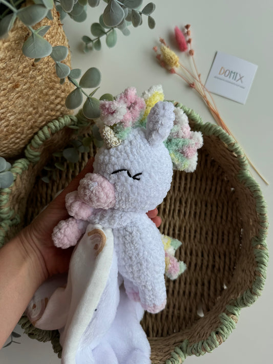 Doudou Licorne – Jouet doux et réconfortant avec couverture en mousseline (certifié CE)