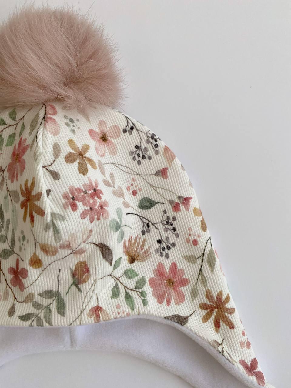 Floral Baby Jersey Hat with Pom-Pom – Handmade (0–2 Years) - Domix