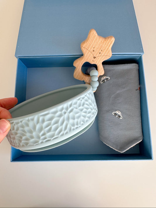 Baby Feeding Gift Set – Silicone Bowl, Teether & Waterproof Bib