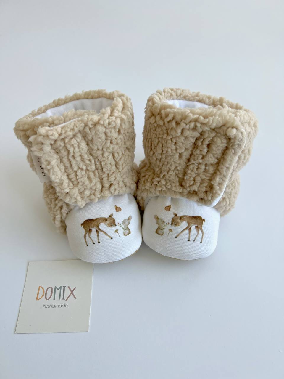 Handmade Baby Booties – Beige Teddy with Forest Print