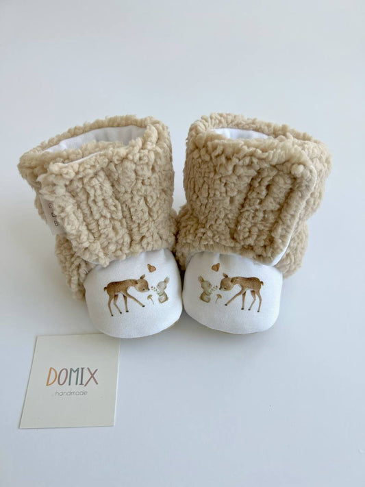 Handmade Baby Booties – Beige Teddy with Forest Print