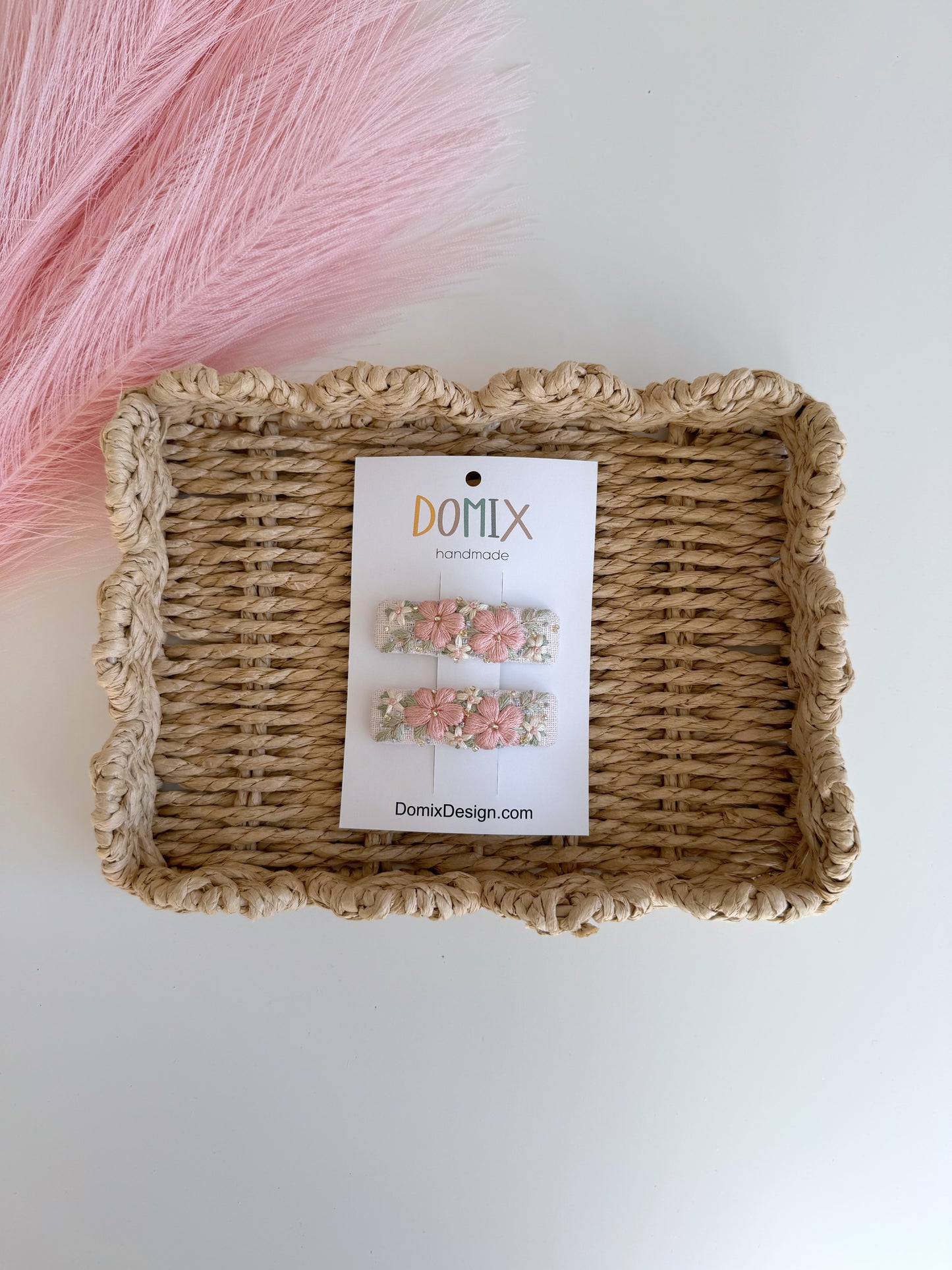 Barrettes en lin brodé pour filles – Lot de 2 barrettes perlées faites à la main