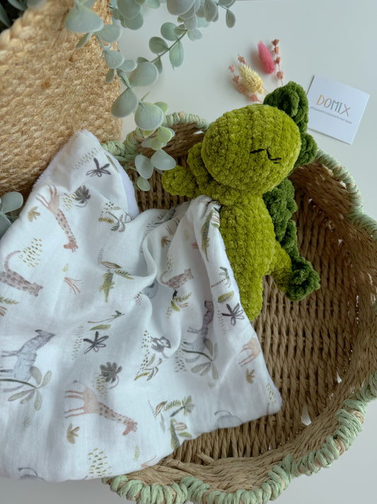 Doudou Bébé Dinosaure – Jouet de confort doux avec couverture en mousseline (certifié CE)