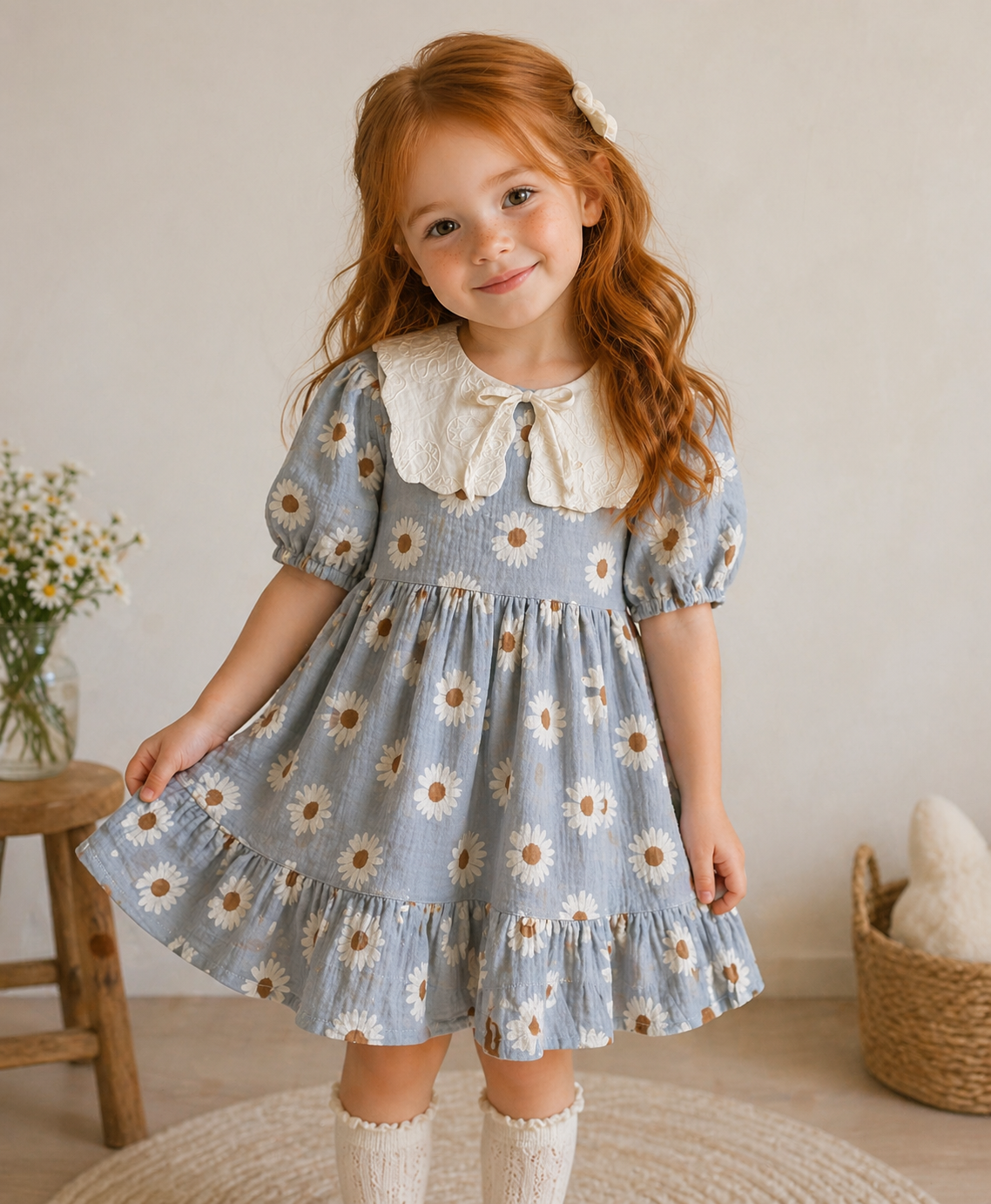 Young girl wearing a blue floral dress with a white collar in a home setting.